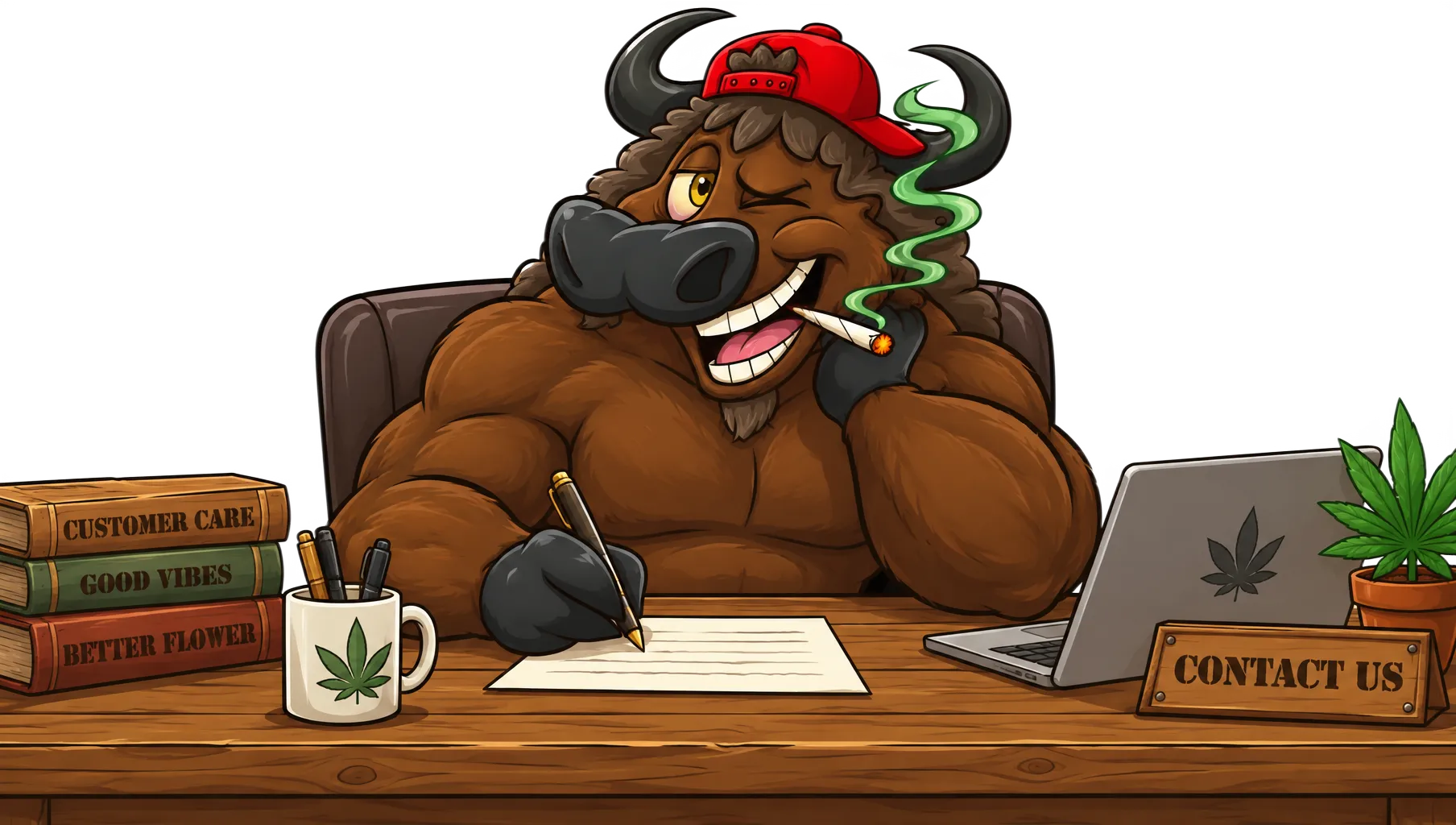 The Tokin Buffalo mascot writing at his desk